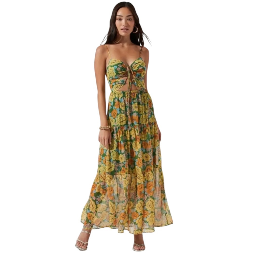 ASTR The Label Brandy Maxi Dress Women SZ M Green Yellow Floral Cutout Garden